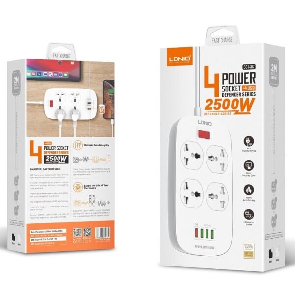 LDNIO SC4407 Power Strip with 4 AC Outlets, QC3.0 USB, Surge Protector – Charging Strip for iPhone & Android.